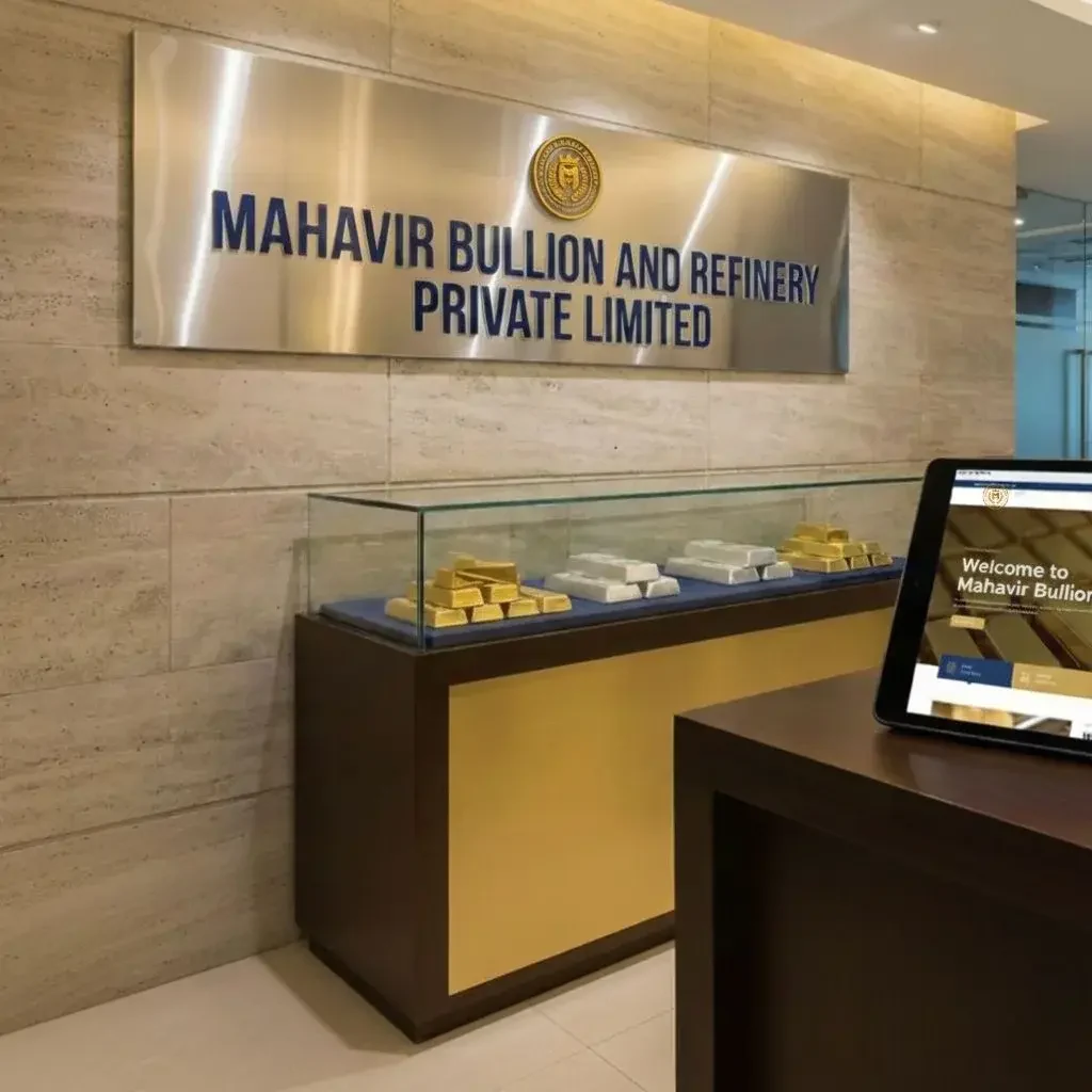 Mahavir Bullion & Refinery reception and company signage